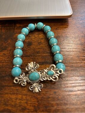 Turquoise Beaded Stretch Bracelet with Silver Filigree Cross Accent